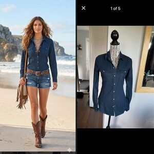 NWT Simons Cotton Dark Denim Button Up Shirt. Coastal Cowgirl Yee Haw! XS